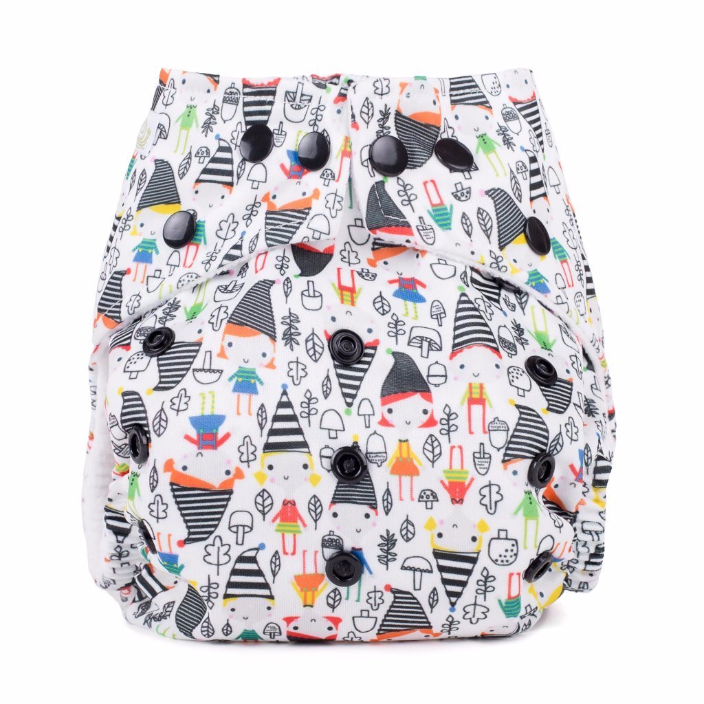 White reusable nappy with elf print in multiple colours  