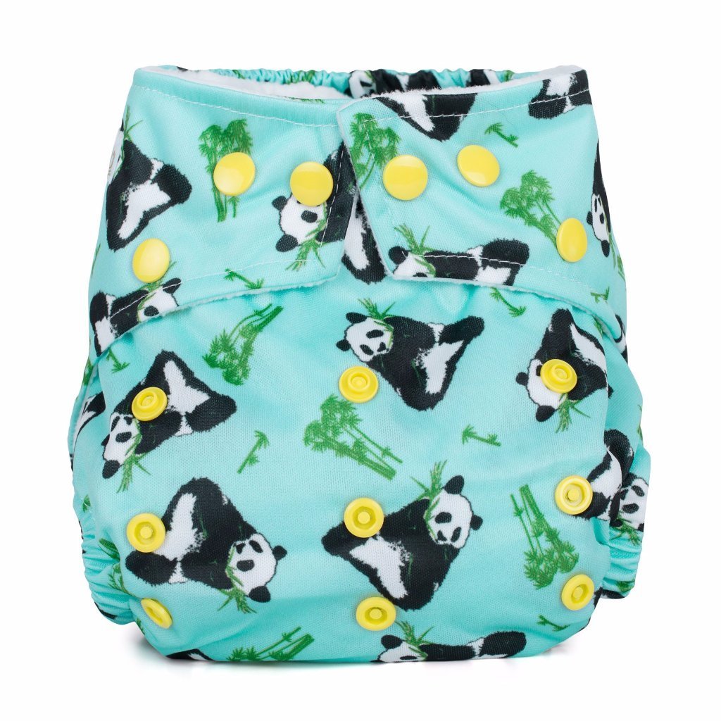 Light blue pocket nappy with pandas and bamboo and yellow poppers
